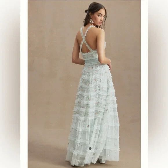 NWT $798 Mac‎ Duggal 8037 Halter Neckline Ruffle Floral Gown Blue NWT - Picture 4 of 10